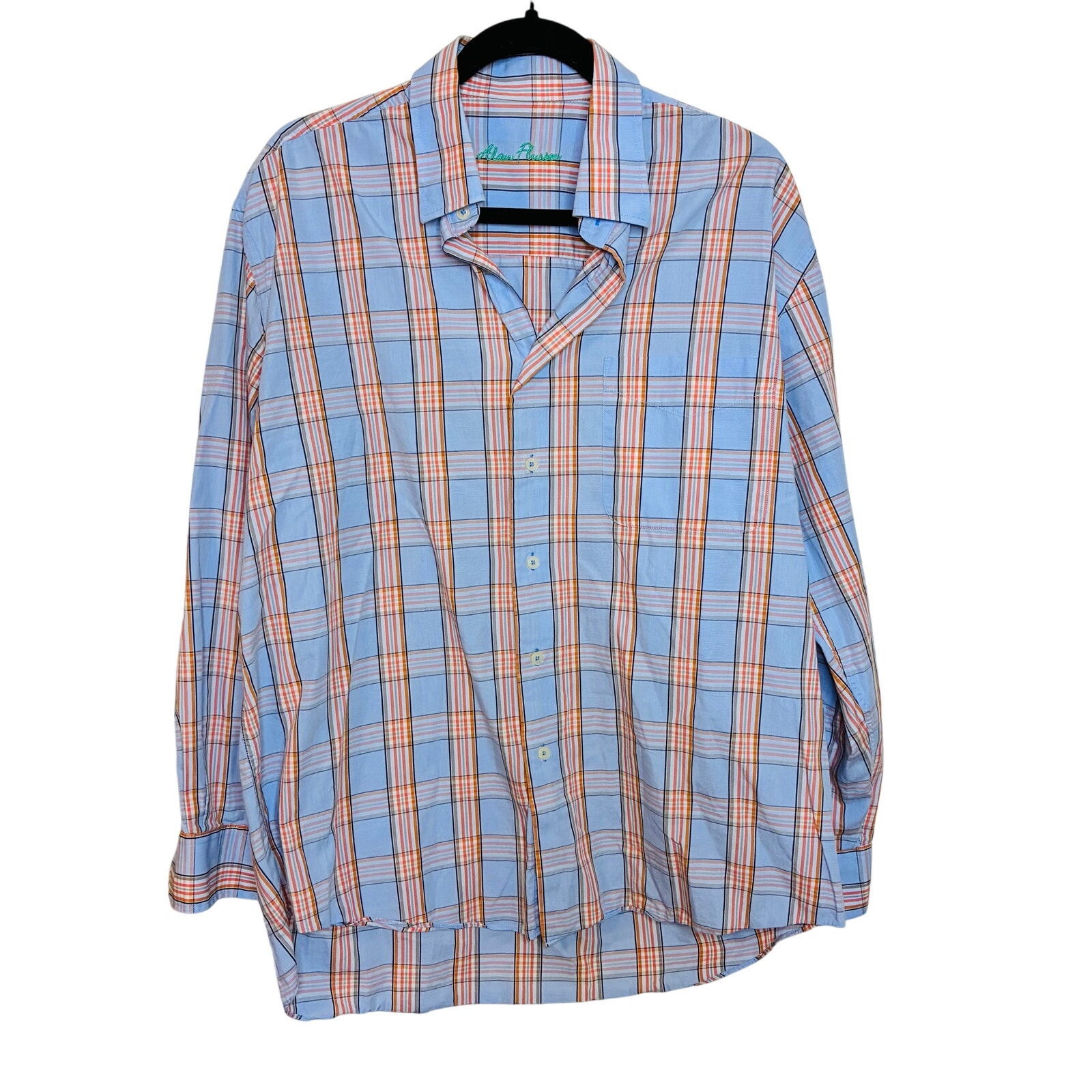Alan Flusser Plaid Long Sleeve Button Men's Shirt Blue Orange Us L 100% Cotton